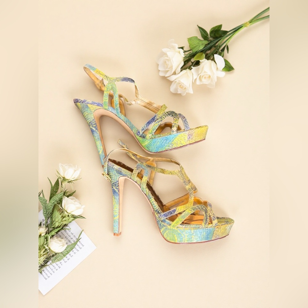 Strappy Multicolor High Heel Sandals - Vibrant Yellow & Blue & Green gold